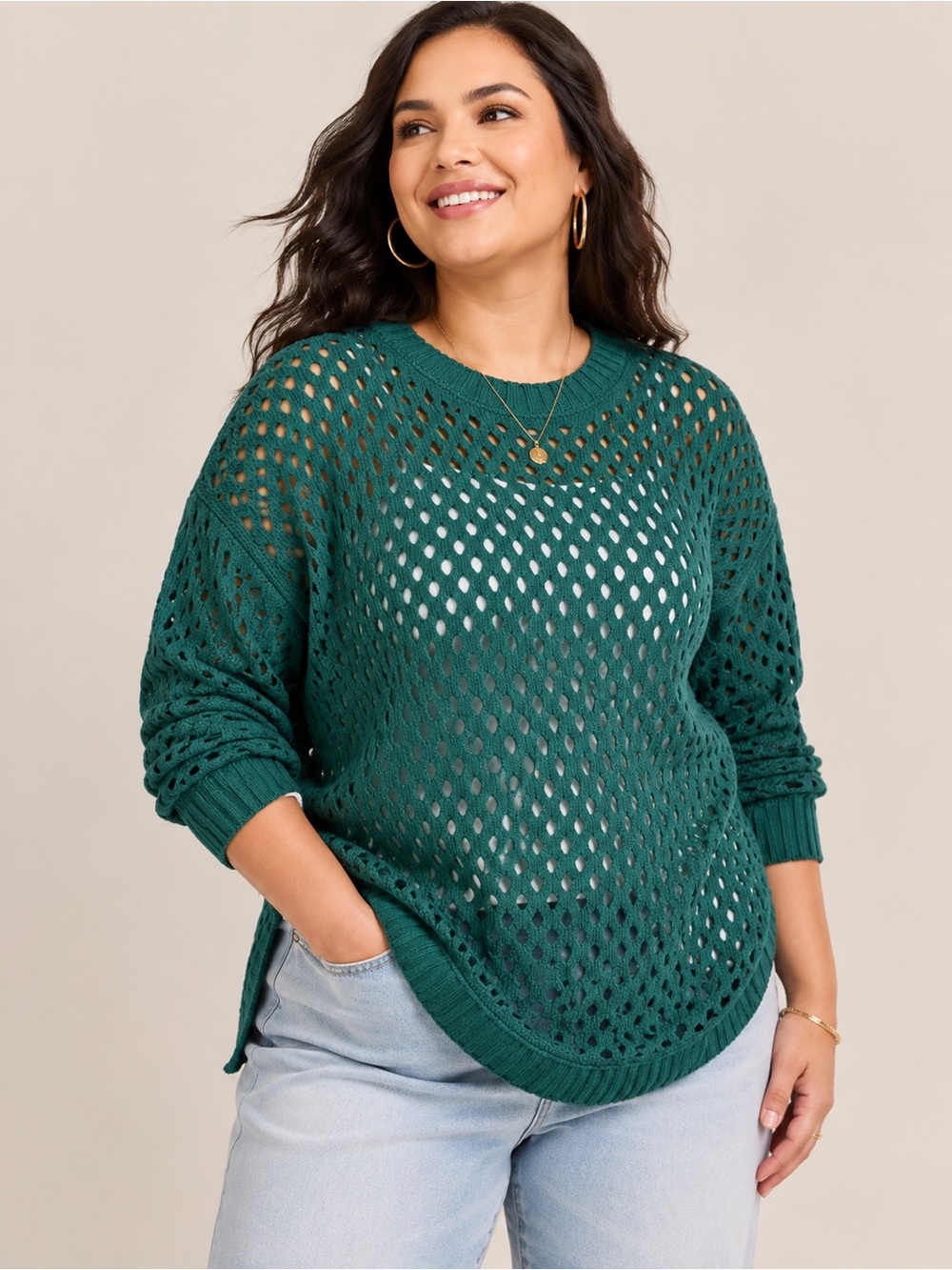 Torrid Emerald Green Crochet Knit Pullover Plus Size 1 Boho Spring Layer
